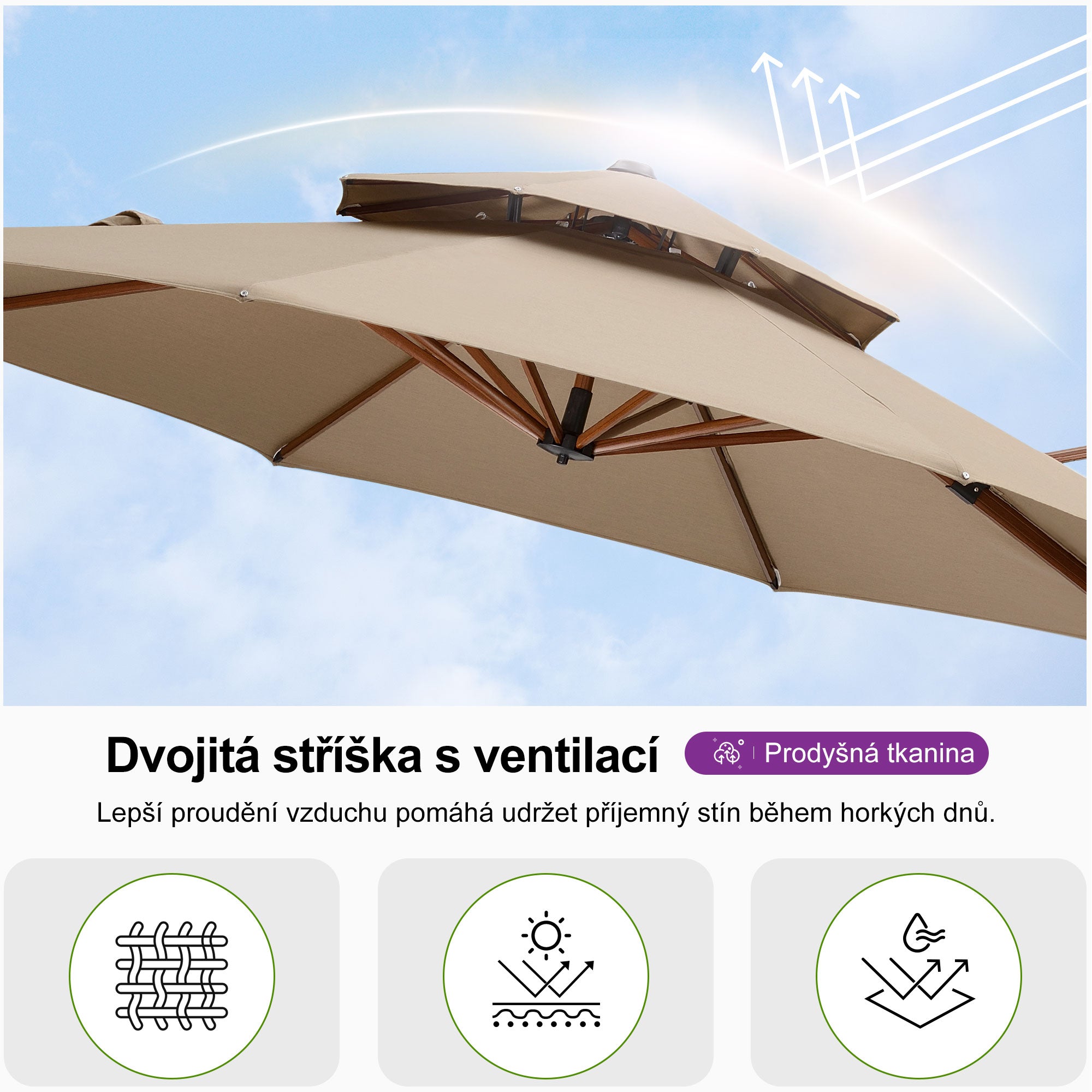 PURPLE LEAF Kulatý zahradní výkyvný slunečník s hliníkovou konstrukcí v dekoru dřeva, s klikou a nastavením sklonu, na balkon a terasu