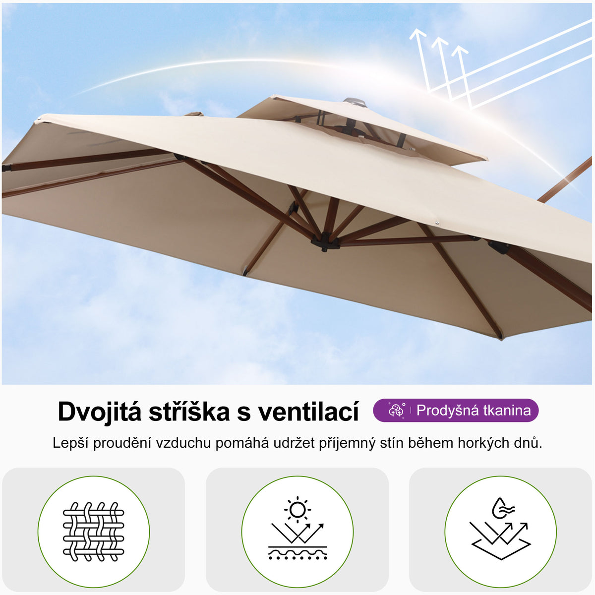 PURPLE LEAF Obdélníkový zahradní výkyvný slunečník, hliníkový rám v dekoru dřeva