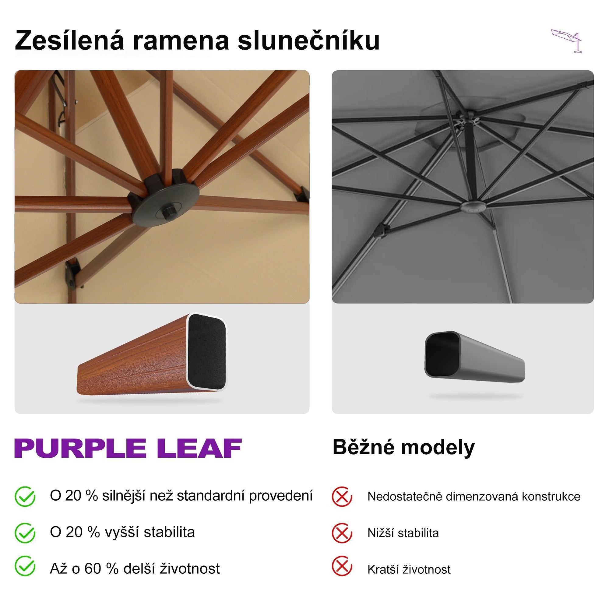 PURPLE LEAF Kulatý zahradní výkyvný slunečník s hliníkovou konstrukcí v dekoru dřeva, s klikou a nastavením sklonu, na balkon a terasu