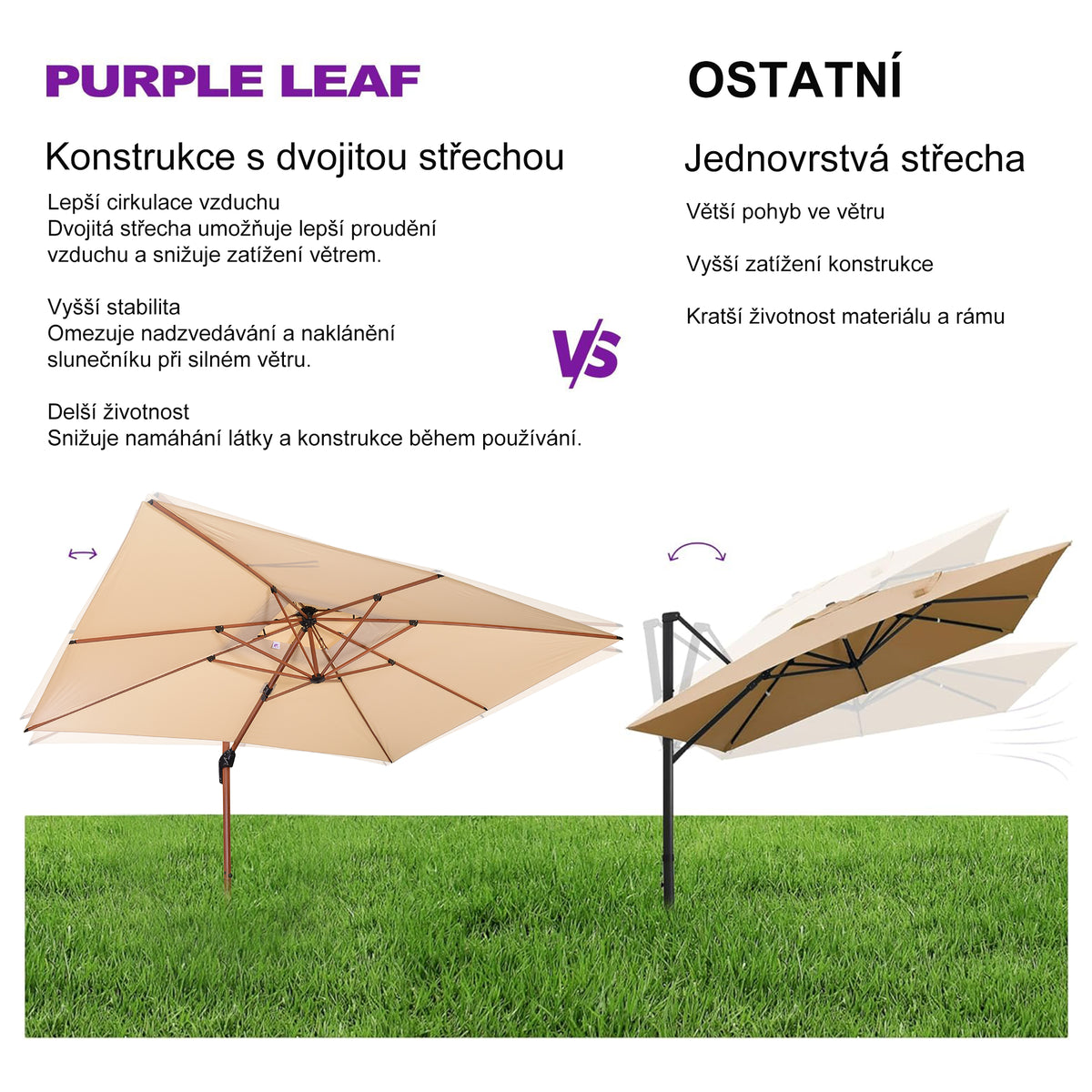 PURPLE LEAF Čtvercový zahradní výkyvný slunečník, hliníková konstrukce v dekoru dřeva, s klikou a nastavením sklonu, na balkon a terasu