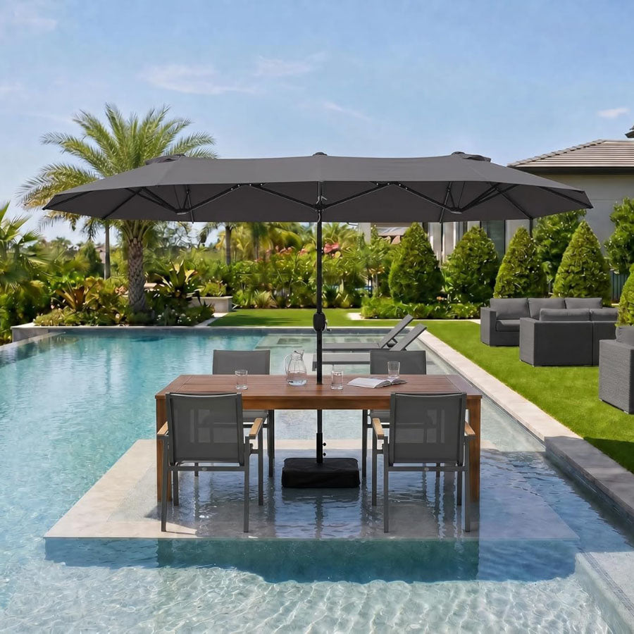 PURPLE LEAF Velký trojitý obdélníkový zahradní slunečník se stojanem pro terasu a zahradu