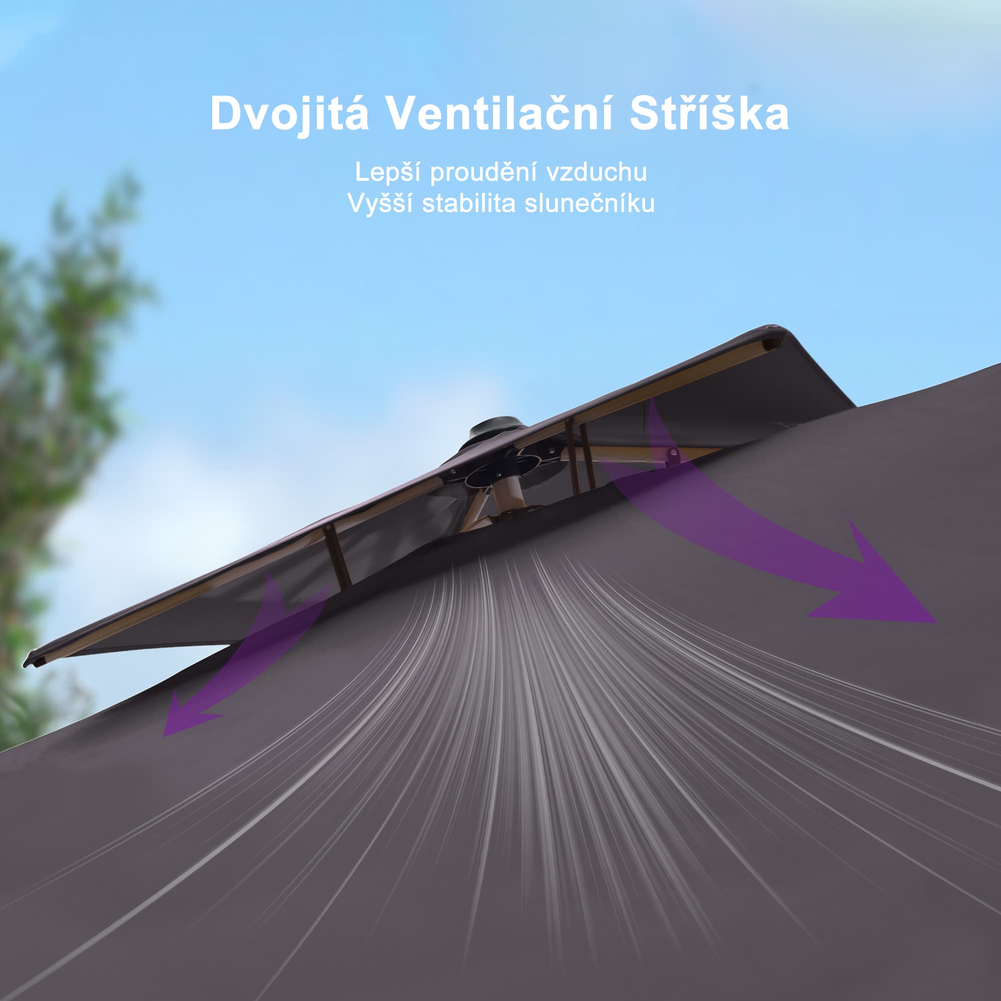 PURPLE LEAF Klasický obdélníkový boční zahradní slunečník na terasu, otočný o 360°, s klikou, UV50+ ochranou
