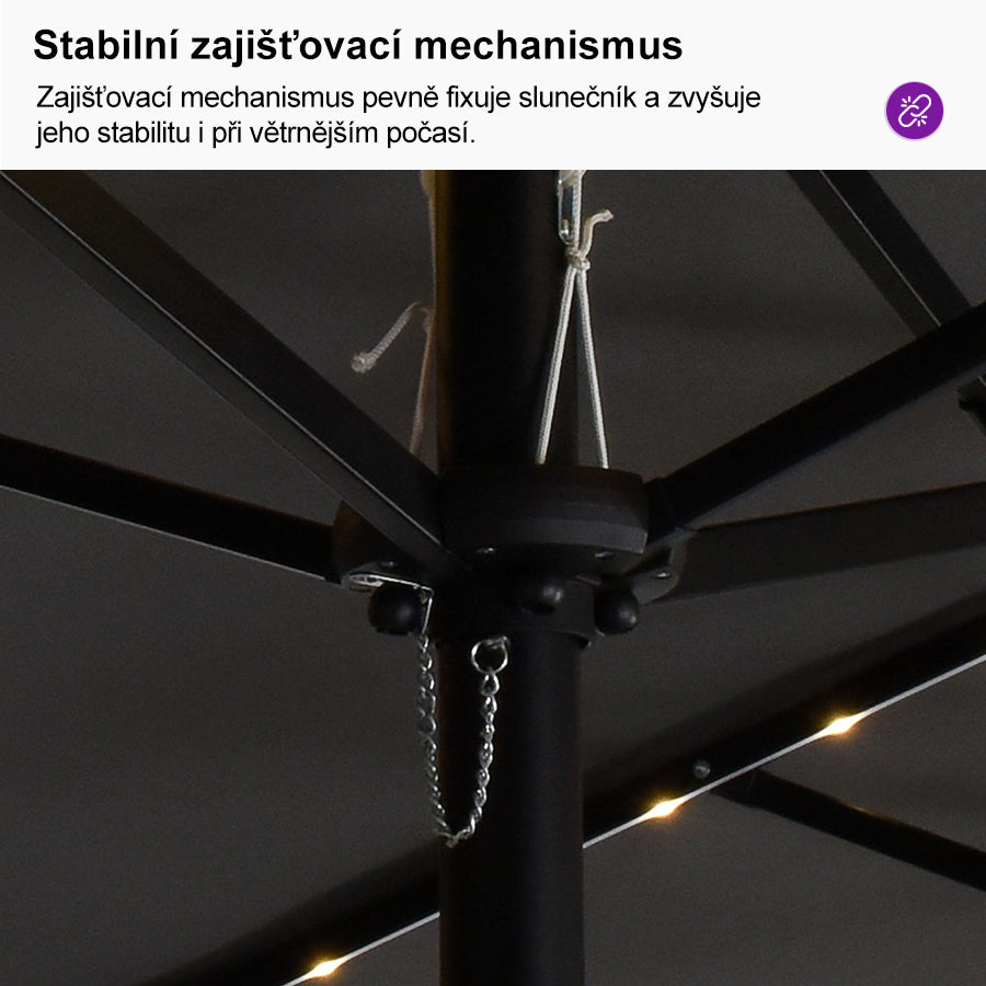 PURPLE LEAF Velký trojitý obdélníkový zahradní slunečník s LED osvětlením se stojanem pro terasu a zahradu