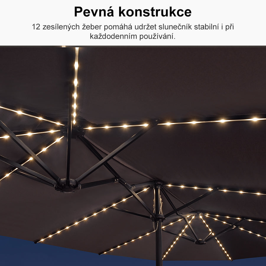 PURPLE LEAF Velký trojitý obdélníkový zahradní slunečník s LED osvětlením se stojanem pro terasu a zahradu