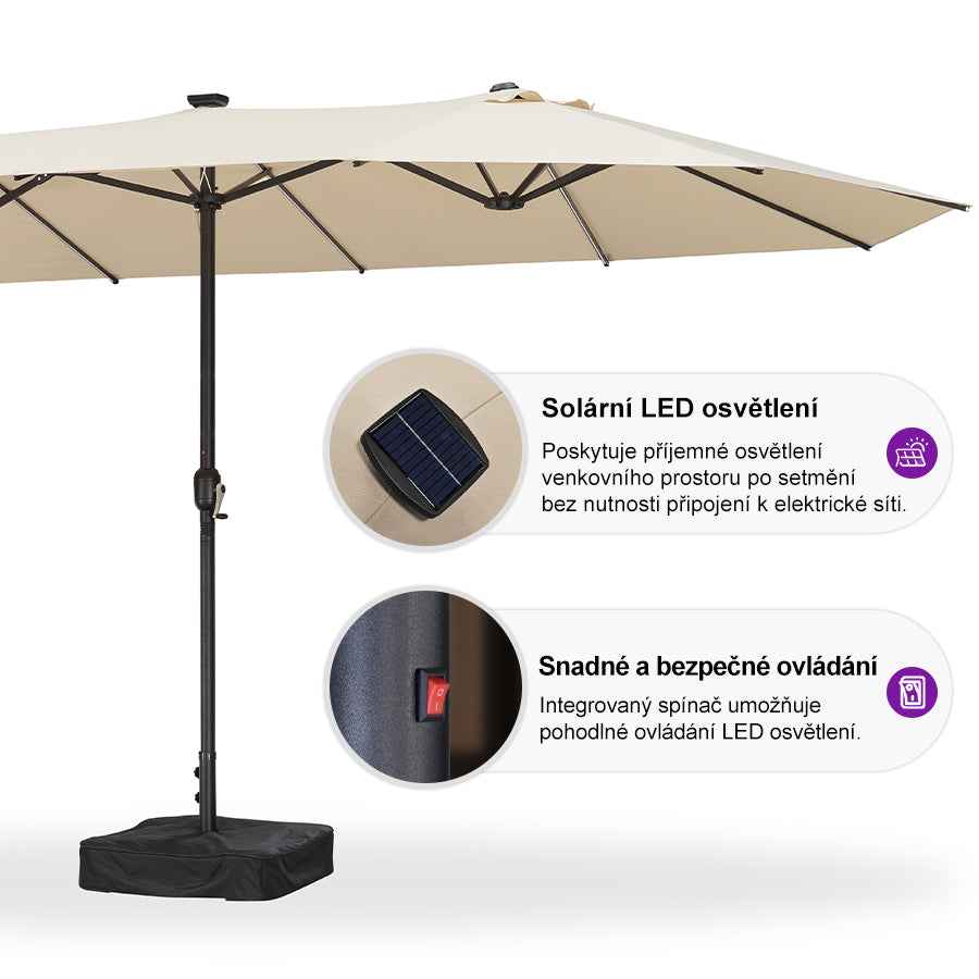 PURPLE LEAF Velký trojitý obdélníkový zahradní slunečník s LED osvětlením se stojanem pro terasu a zahradu