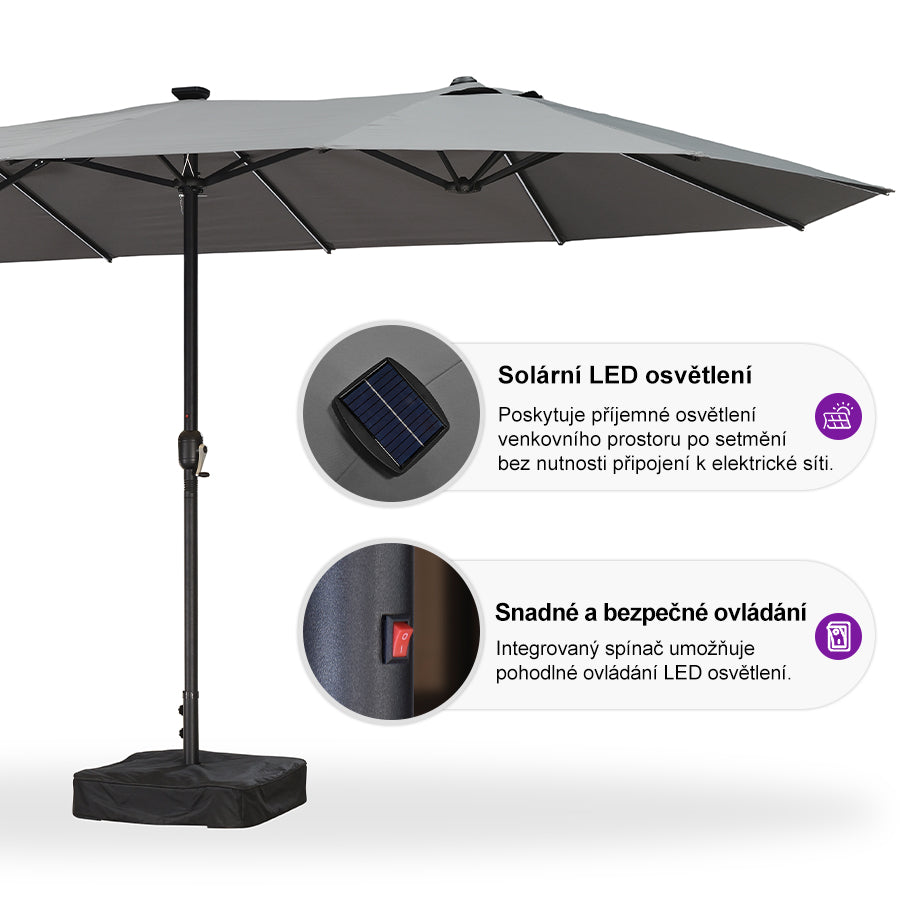 PURPLE LEAF Velký trojitý obdélníkový zahradní slunečník s LED osvětlením se stojanem pro terasu a zahradu