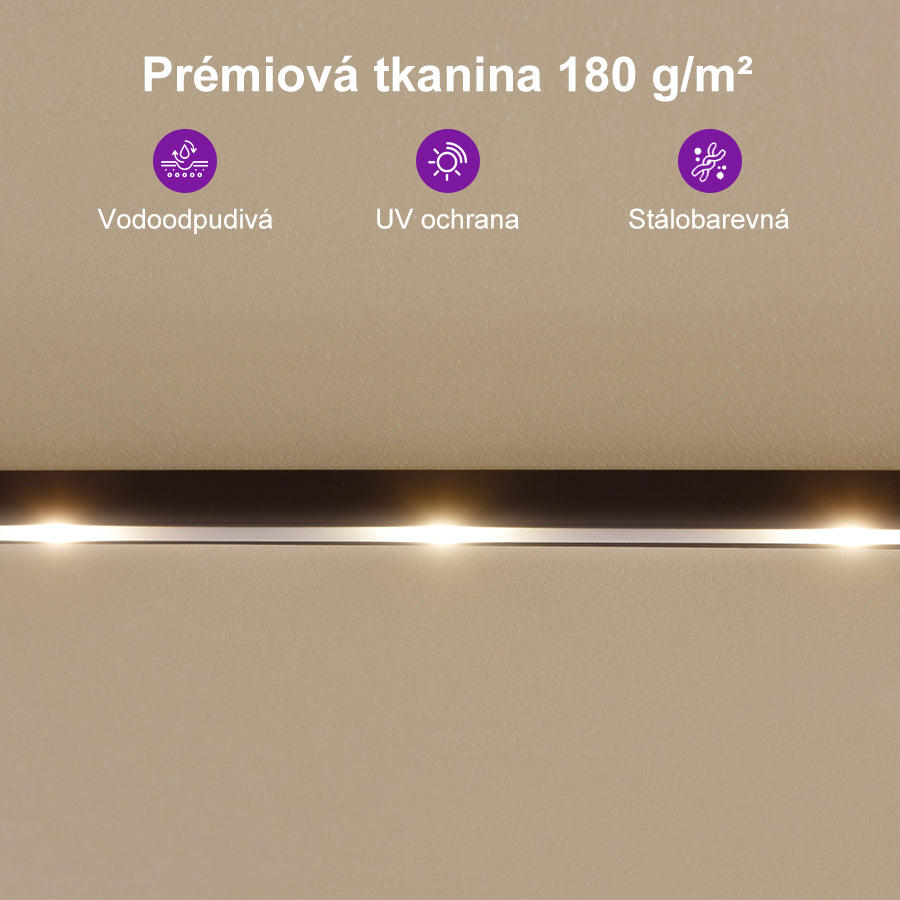 PURPLE LEAF Velký trojitý obdélníkový zahradní slunečník s LED osvětlením se stojanem pro terasu a zahradu