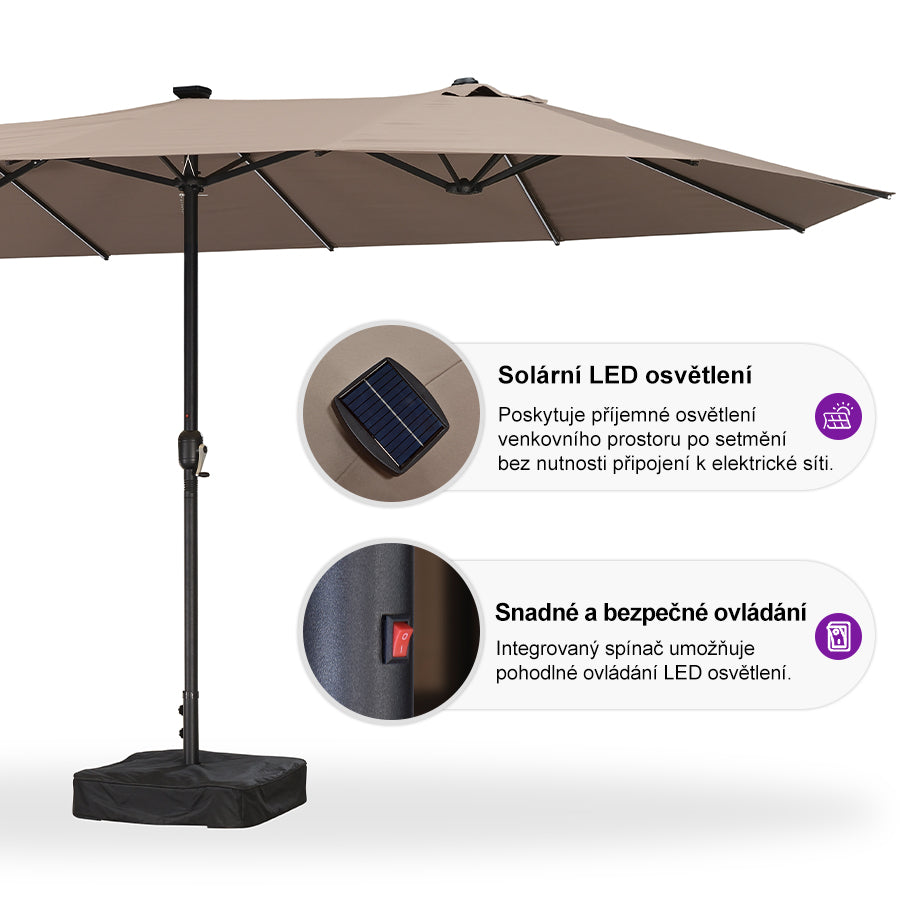 PURPLE LEAF Velký trojitý obdélníkový zahradní slunečník s LED osvětlením se stojanem pro terasu a zahradu