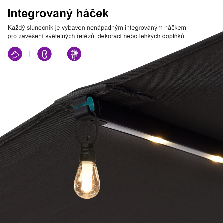 PURPLE LEAF Velký trojitý obdélníkový zahradní slunečník s LED osvětlením se stojanem pro terasu a zahradu