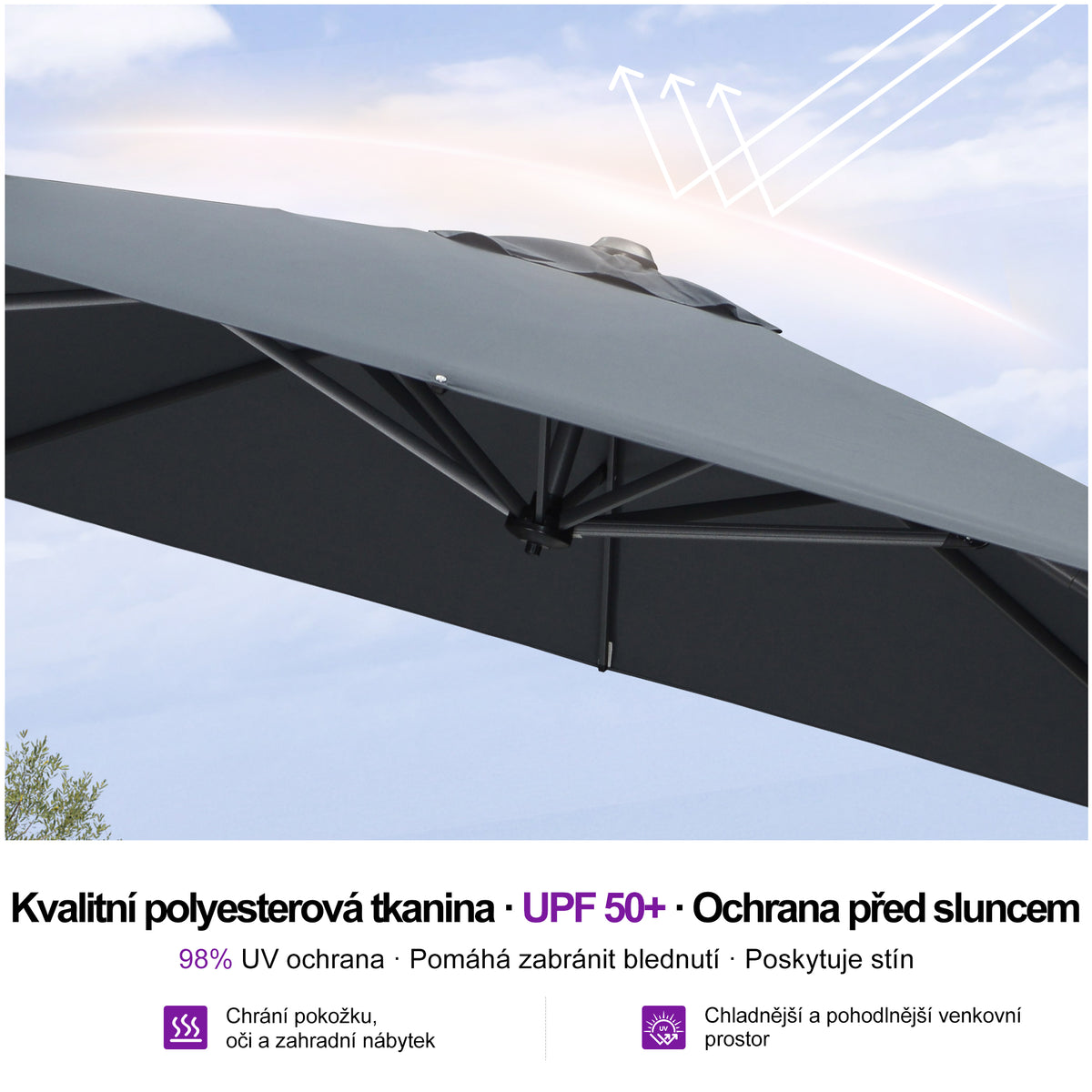 PURPLE LEAF Velký kulatý výkyvný zahradní slunečník, otočný 360° s nožním pedálem a křížovým stojanem, na terasu a balkon