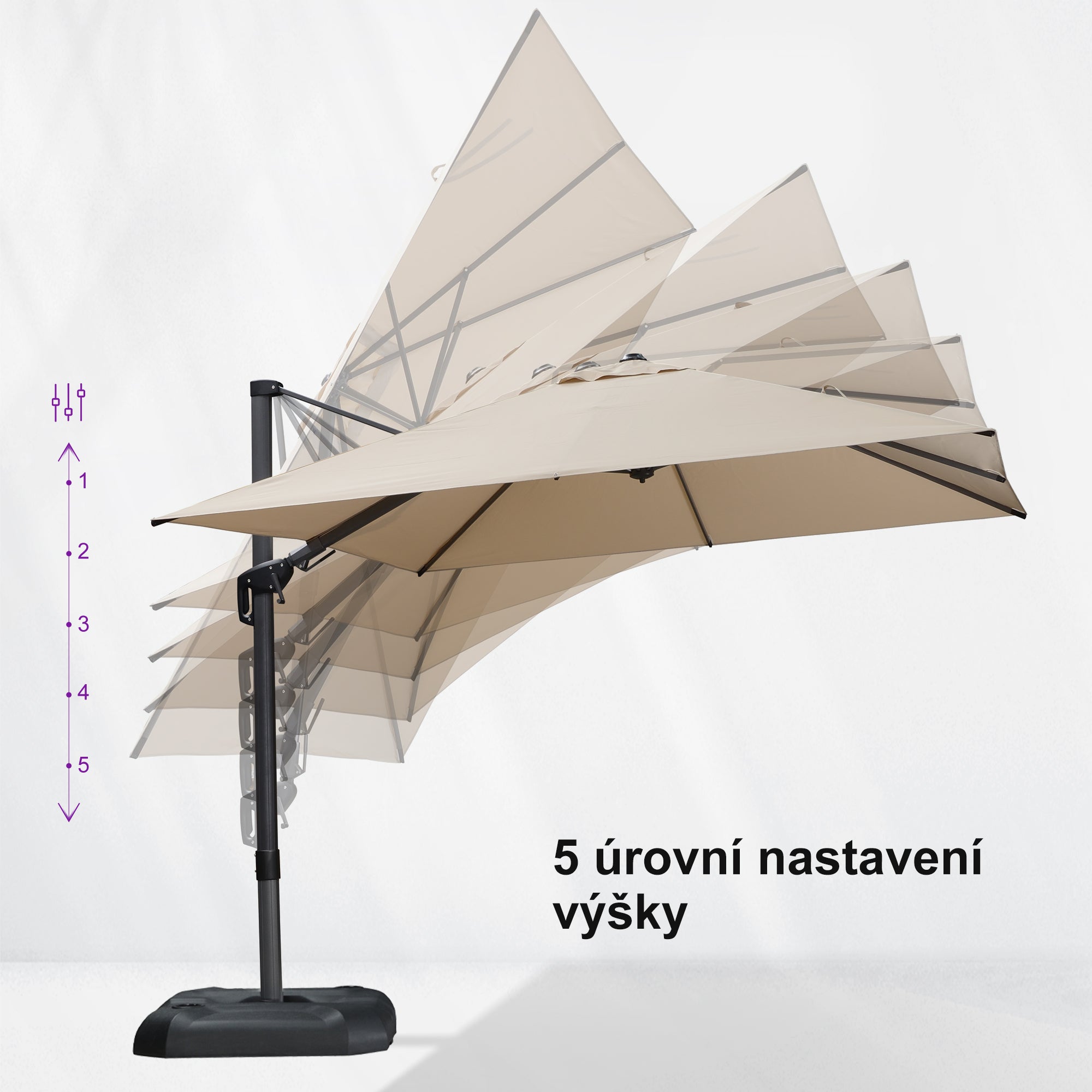 PURPLE LEAF Velký zahradní výkyvný slunečník, hliníkový otočný 360° s klikou a nožním pedálem, na terasu a balkon