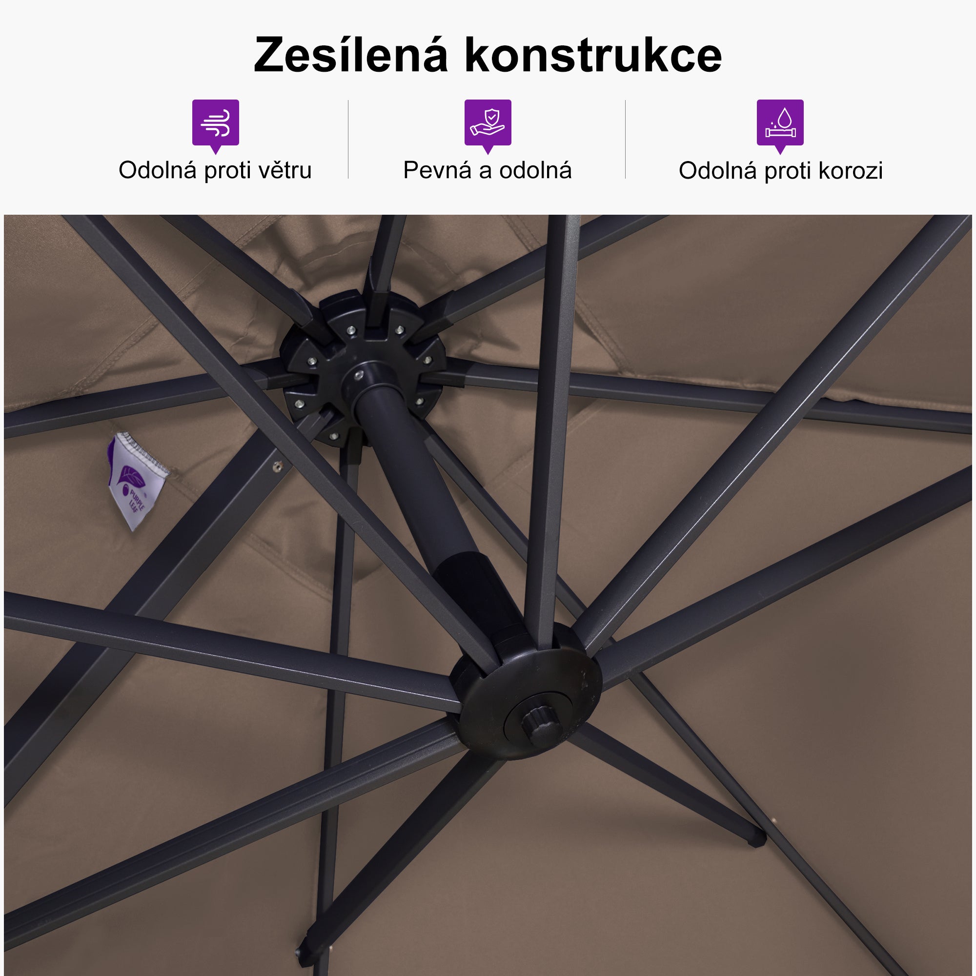 PURPLE LEAF Velký zahradní výkyvný slunečník, hliníkový otočný 360° s klikou a nožním pedálem, na terasu a balkon