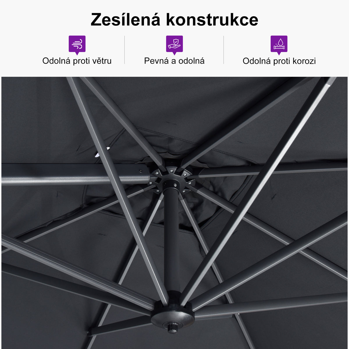 PURPLE LEAF Velký kulatý výkyvný zahradní slunečník, otočný 360° s nožním pedálem a křížovým stojanem, na terasu a balkon
