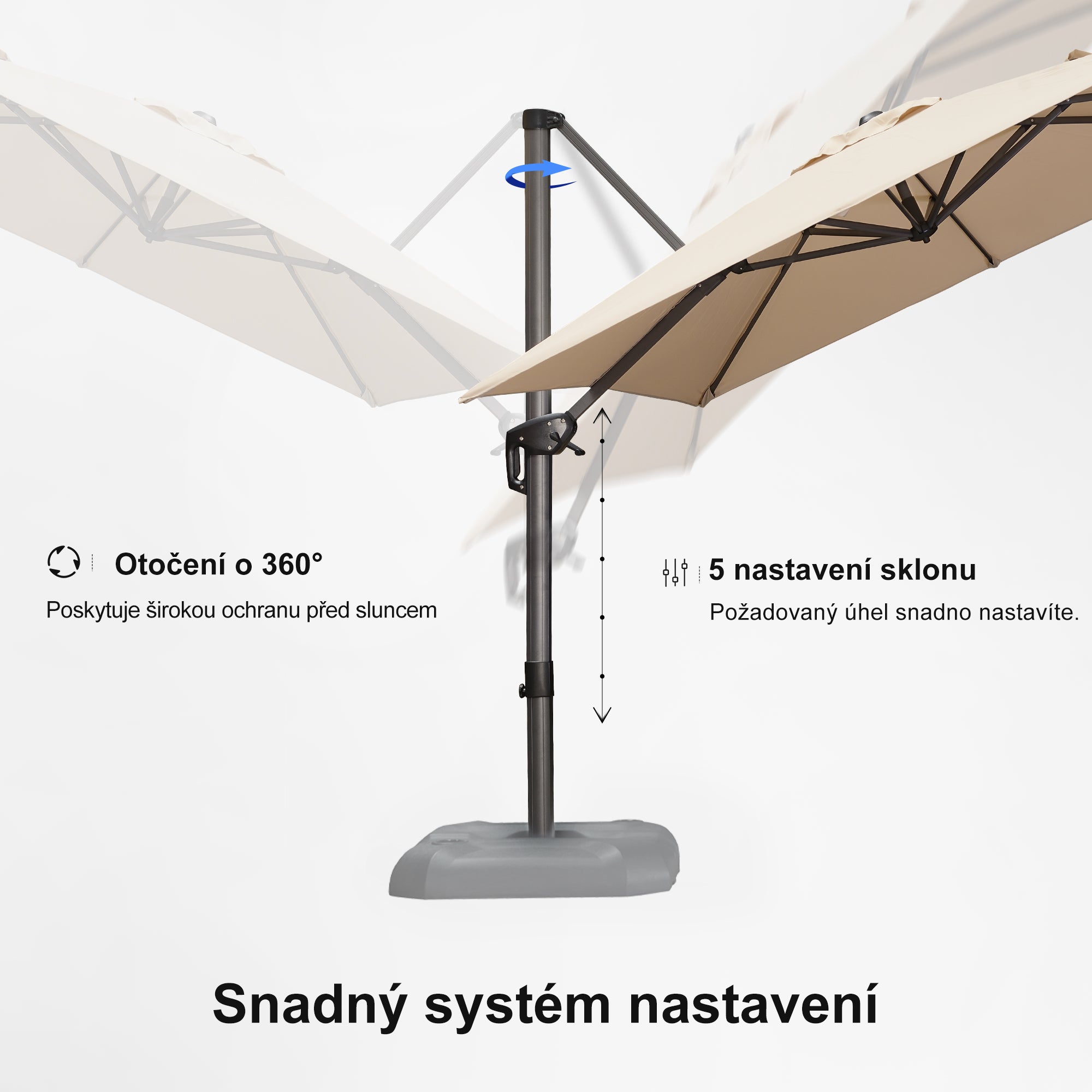 PURPLE LEAF Velký zahradní výkyvný slunečník, hliníkový otočný 360° s klikou a nožním pedálem, na terasu a balkon