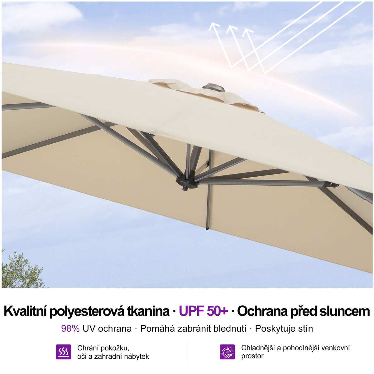 PURPLE LEAF Velký kulatý výkyvný zahradní slunečník, otočný 360° s nožním pedálem a křížovým stojanem, na terasu a balkon