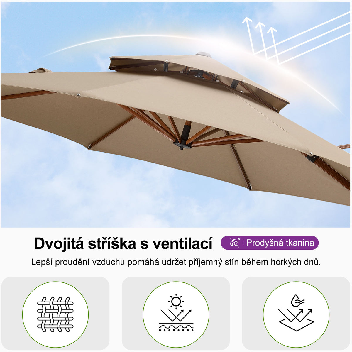 PURPLE LEAF Kulatý zahradní výkyvný slunečník s hliníkovou konstrukcí v dekoru dřeva, s klikou a nastavením sklonu, na balkon a terasu