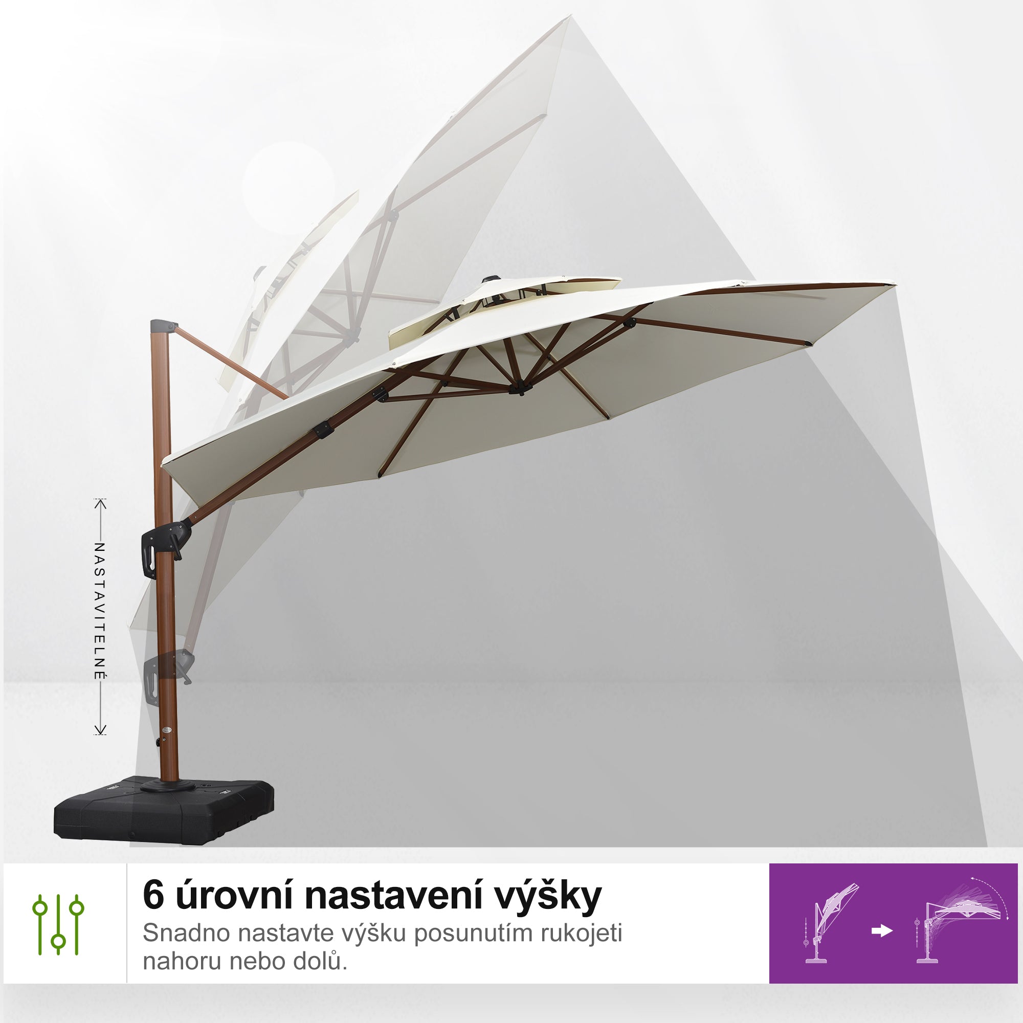 PURPLE LEAF Kulatý zahradní výkyvný slunečník s hliníkovou konstrukcí v dekoru dřeva, s klikou a nastavením sklonu, na balkon a terasu
