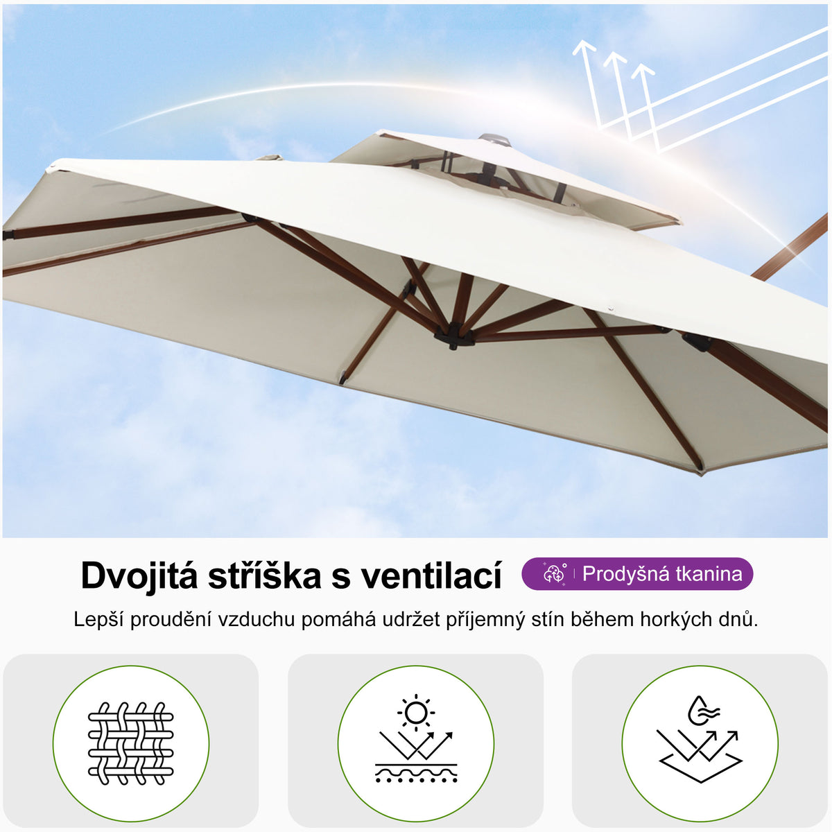 PURPLE LEAF Obdélníkový zahradní výkyvný slunečník, hliníkový rám v dekoru dřeva