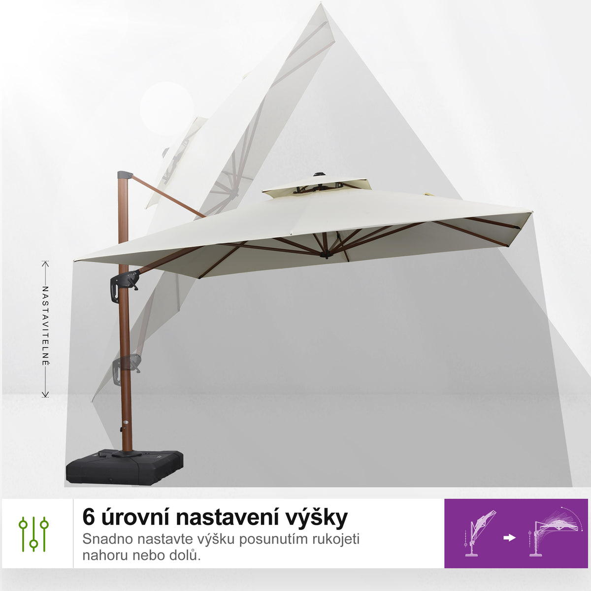 PURPLE LEAF Čtvercový zahradní výkyvný slunečník, hliníková konstrukce v dekoru dřeva, s klikou a nastavením sklonu, na balkon a terasu