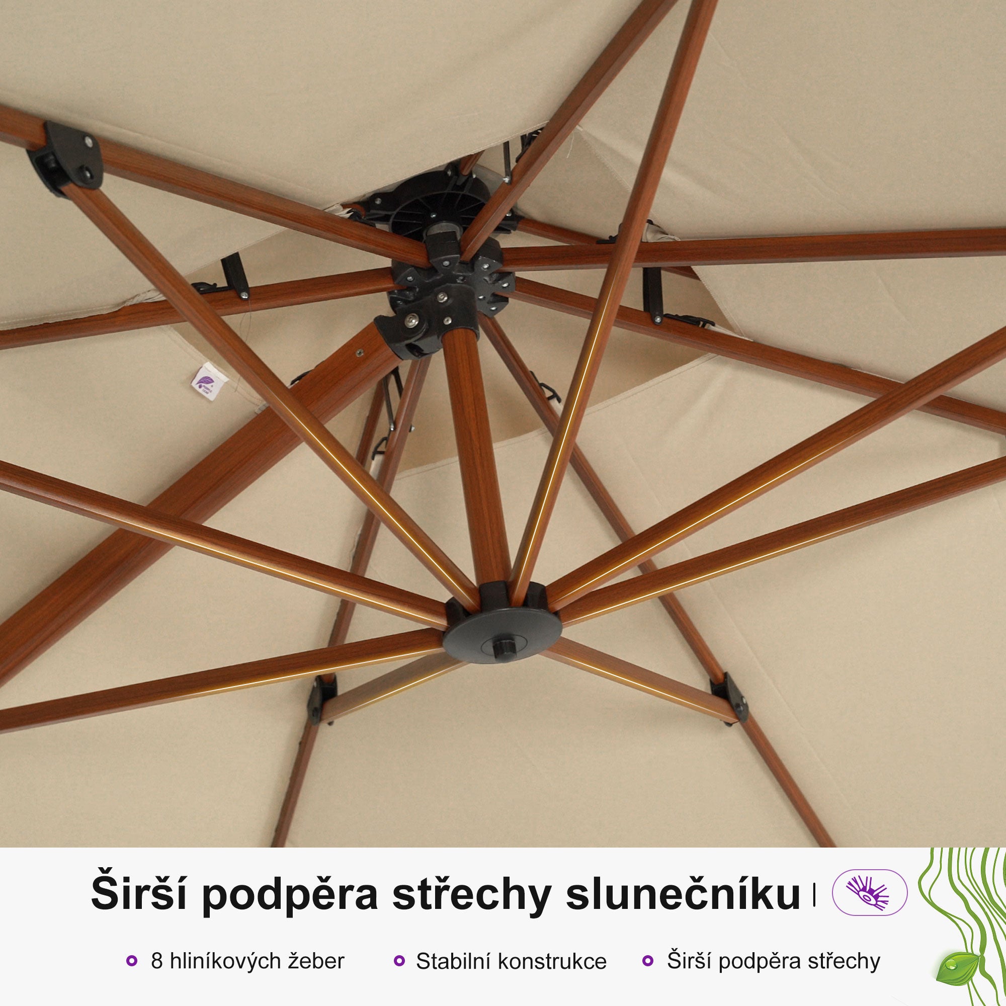 PURPLE LEAF Kulatý zahradní výkyvný slunečník s hliníkovou konstrukcí v dekoru dřeva, s klikou a nastavením sklonu, na balkon a terasu