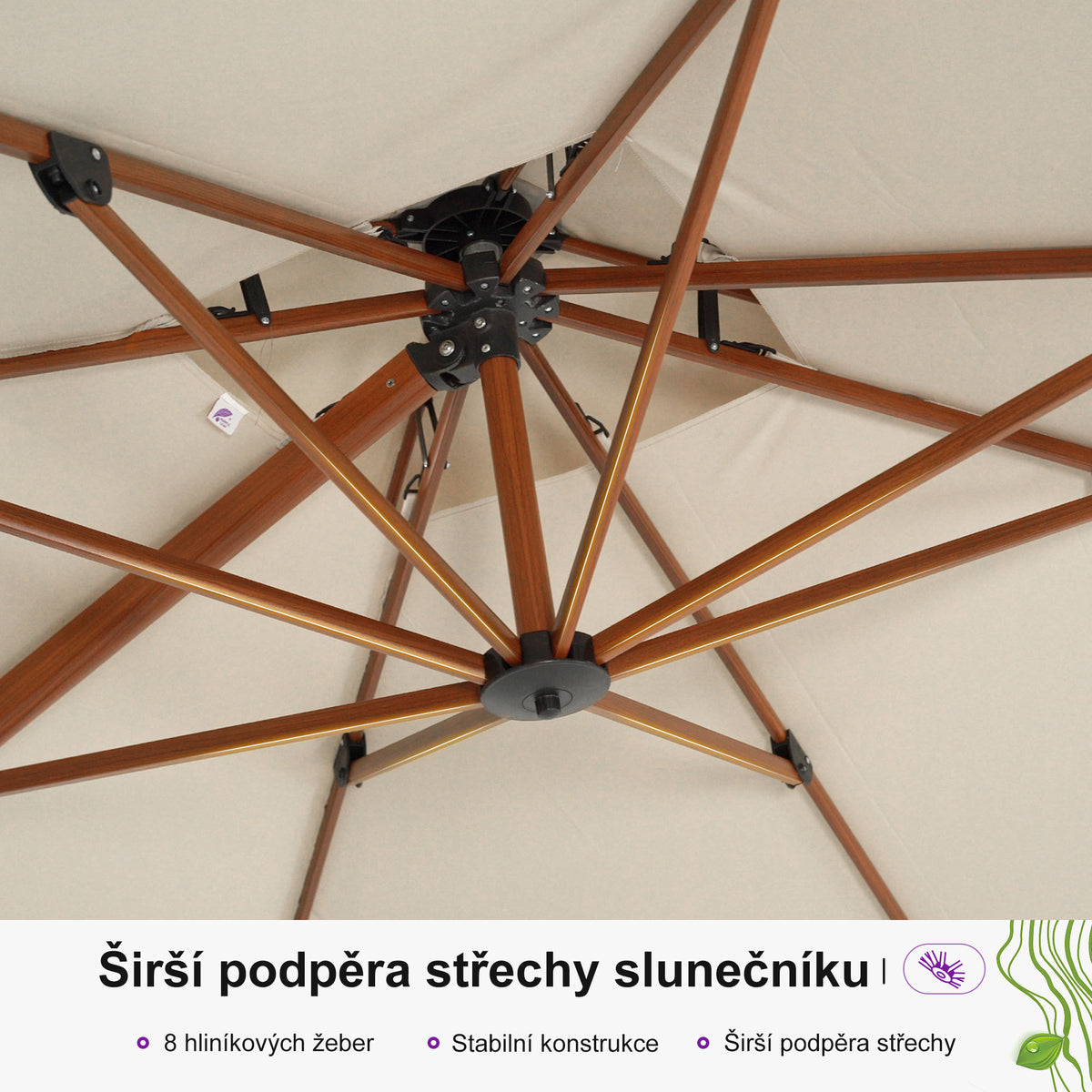 PURPLE LEAF Obdélníkový zahradní výkyvný slunečník, hliníkový rám v dekoru dřeva