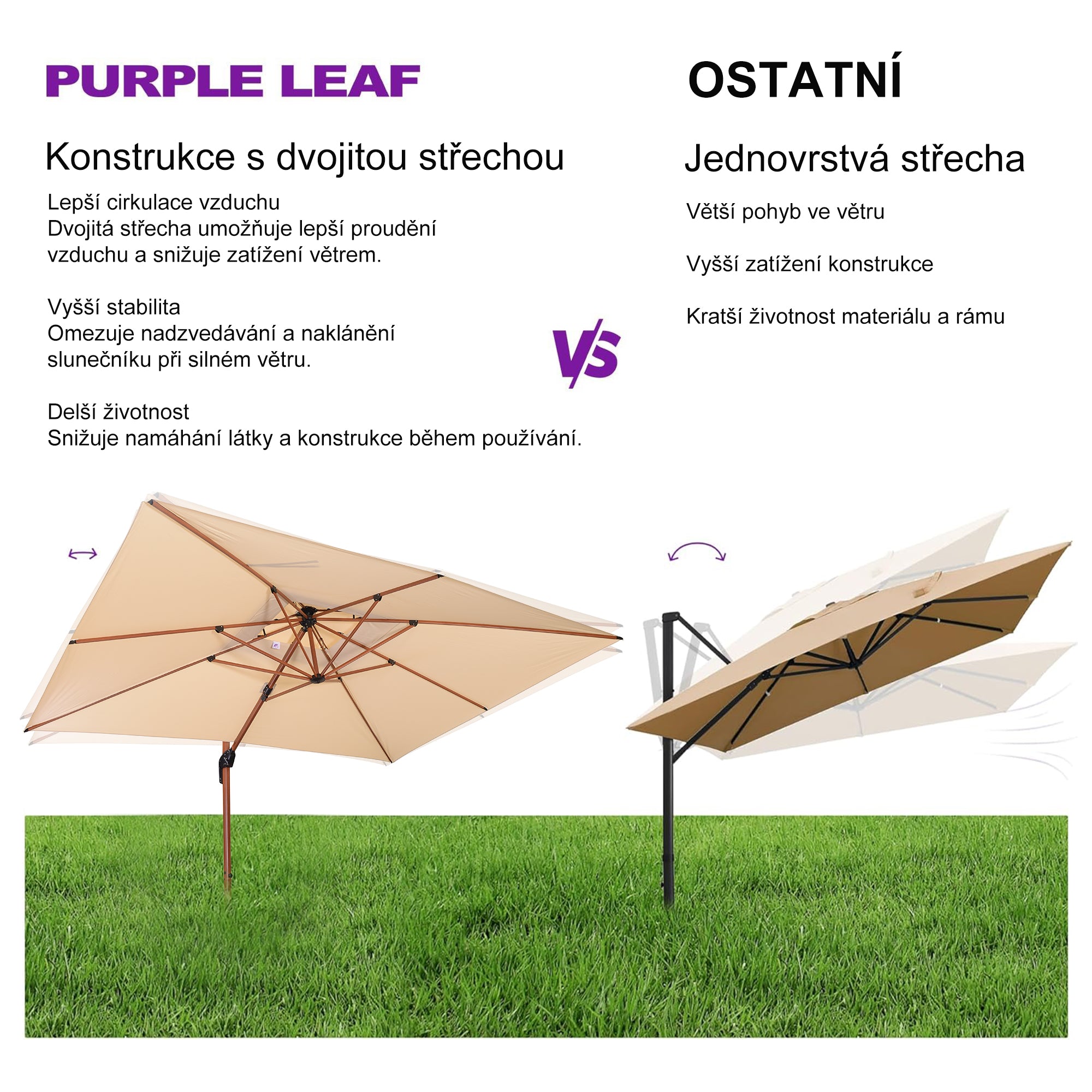 PURPLE LEAF Obdélníkový zahradní výkyvný slunečník, hliníkový rám v dekoru dřeva