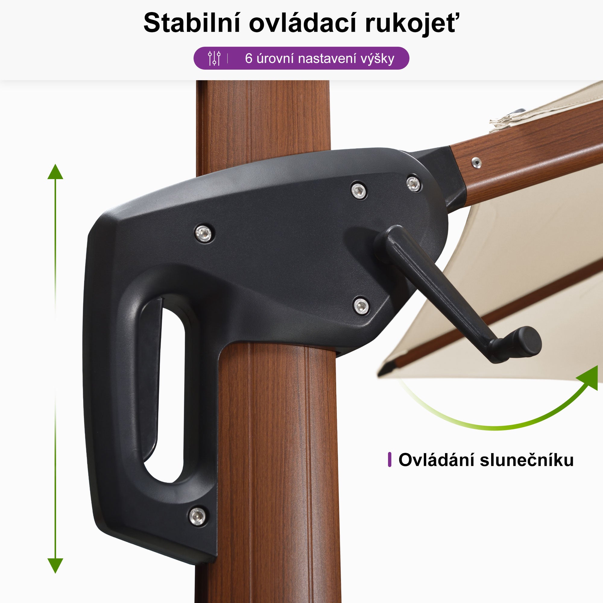 PURPLE LEAF Kulatý zahradní výkyvný slunečník s hliníkovou konstrukcí v dekoru dřeva, s klikou a nastavením sklonu, na balkon a terasu