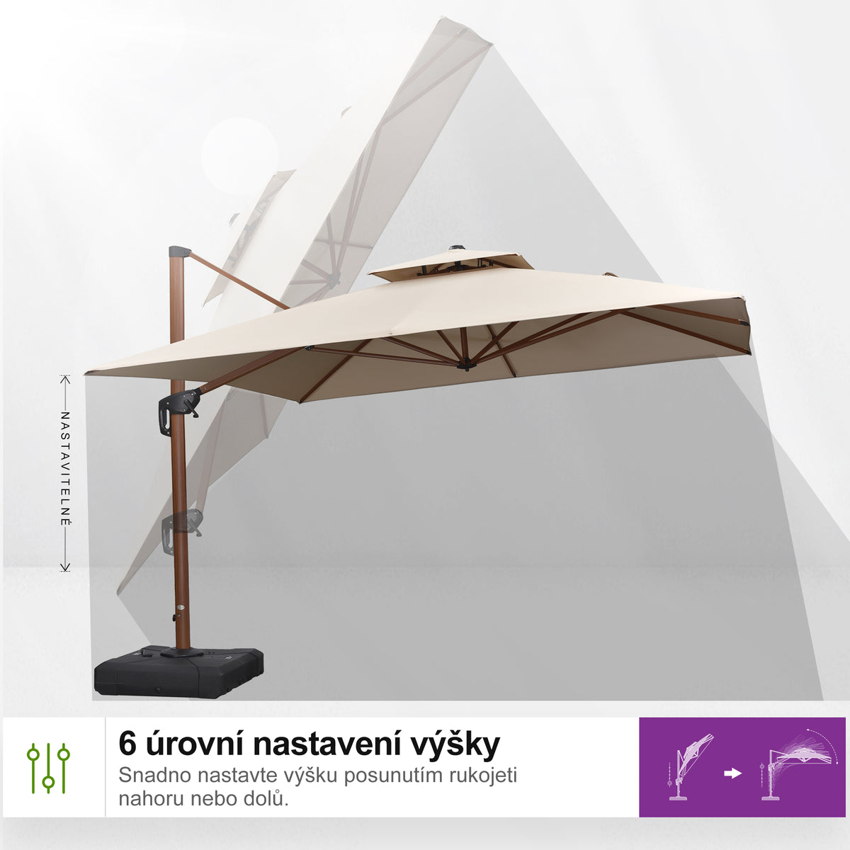 PURPLE LEAF Čtvercový zahradní výkyvný slunečník, hliníková konstrukce v dekoru dřeva, s klikou a nastavením sklonu, na balkon a terasu