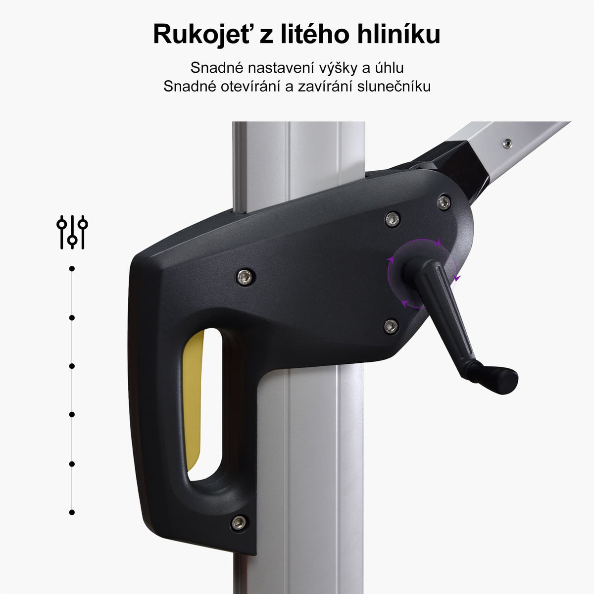 PURPLE LEAF Klasický boční zahradní slunečník na balkon, kulatý, 360° otočný, s klikou, UV ochrana 50+