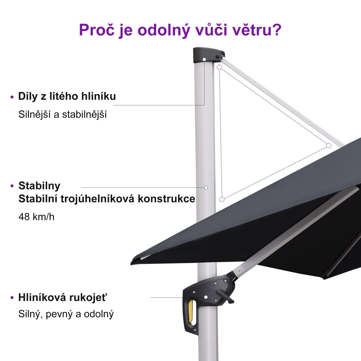 PURPLE LEAF Klasický čtvercový boční zahradní slunečník na terasu, otočný o 360°, s klikou, UV50+ ochranou