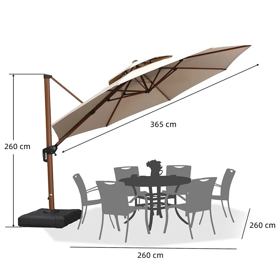PURPLE LEAF Kulatý zahradní výkyvný slunečník s hliníkovou konstrukcí v dekoru dřeva, s klikou a nastavením sklonu, na balkon a terasu