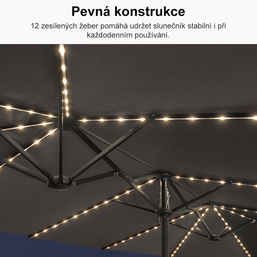 PURPLE LEAF Velký trojitý obdélníkový zahradní slunečník s LED osvětlením se stojanem pro terasu a zahradu