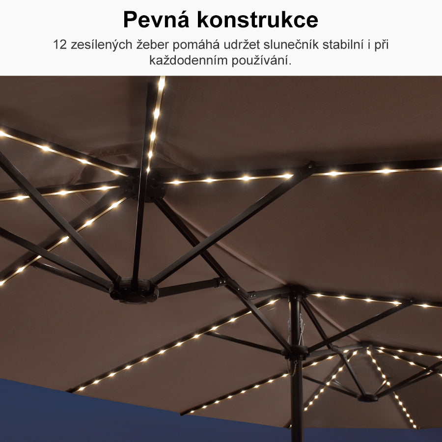 PURPLE LEAF Velký trojitý obdélníkový zahradní slunečník s LED osvětlením se stojanem pro terasu a zahradu