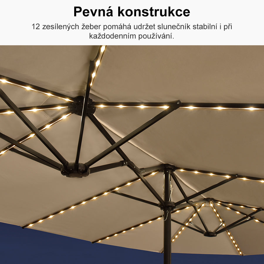PURPLE LEAF Velký trojitý obdélníkový zahradní slunečník s LED osvětlením se stojanem pro terasu a zahradu