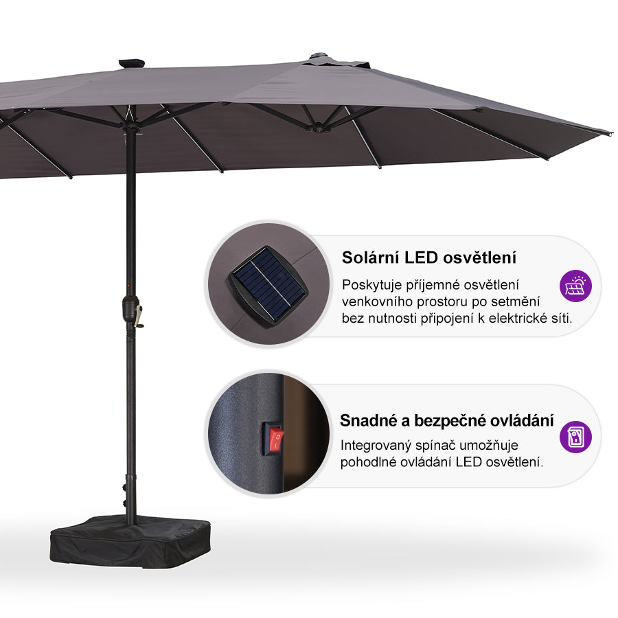 PURPLE LEAF Velký trojitý obdélníkový zahradní slunečník s LED osvětlením se stojanem pro terasu a zahradu