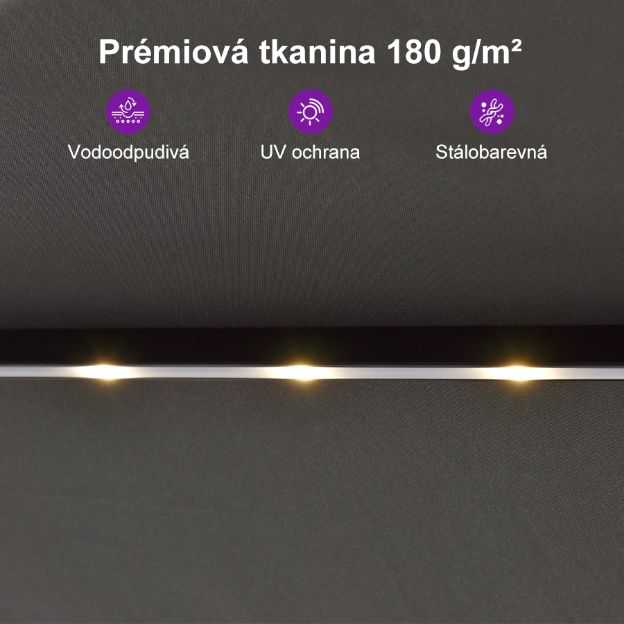 PURPLE LEAF Velký trojitý obdélníkový zahradní slunečník s LED osvětlením se stojanem pro terasu a zahradu