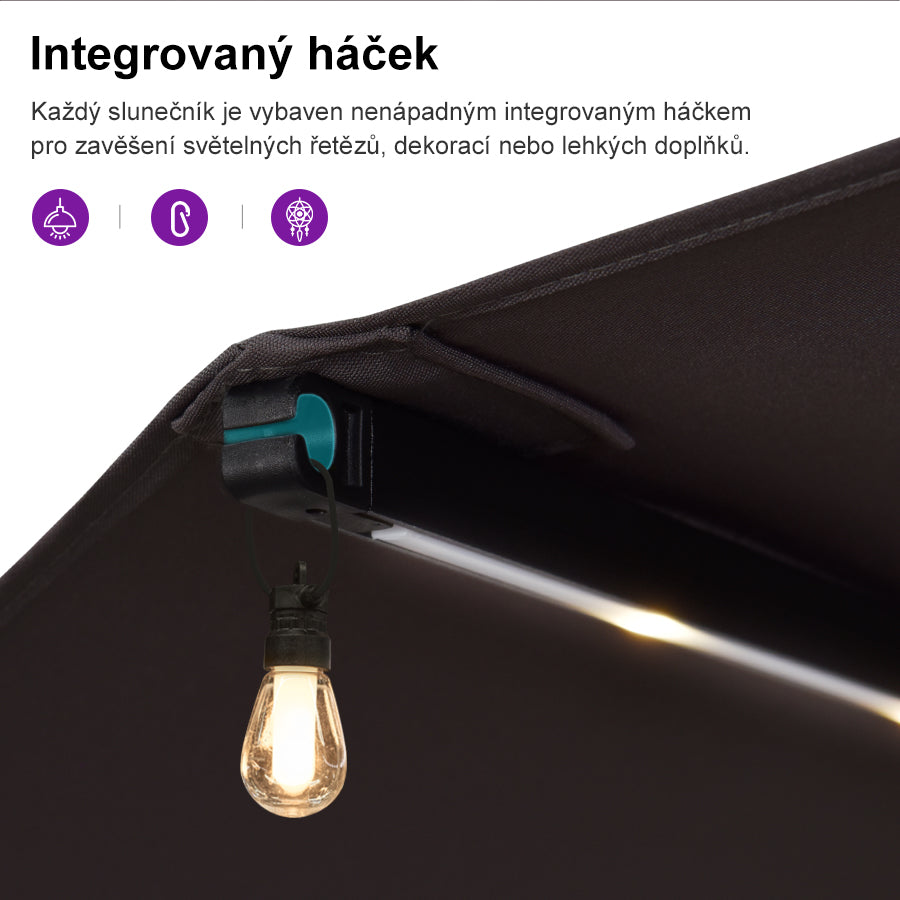 PURPLE LEAF Velký trojitý obdélníkový zahradní slunečník s LED osvětlením se stojanem pro terasu a zahradu