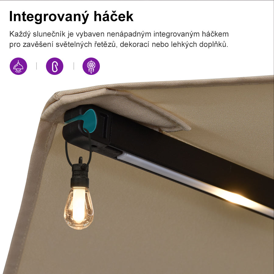 PURPLE LEAF Velký trojitý obdélníkový zahradní slunečník s LED osvětlením se stojanem pro terasu a zahradu