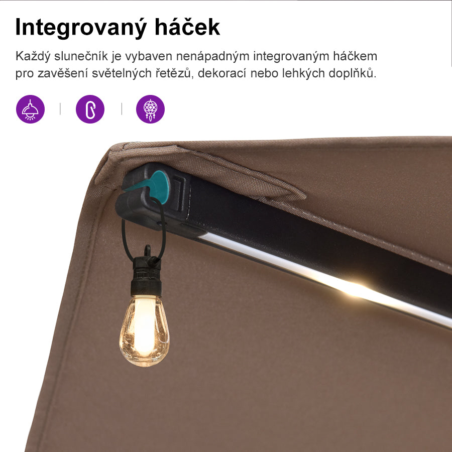 PURPLE LEAF Velký trojitý obdélníkový zahradní slunečník s LED osvětlením se stojanem pro terasu a zahradu