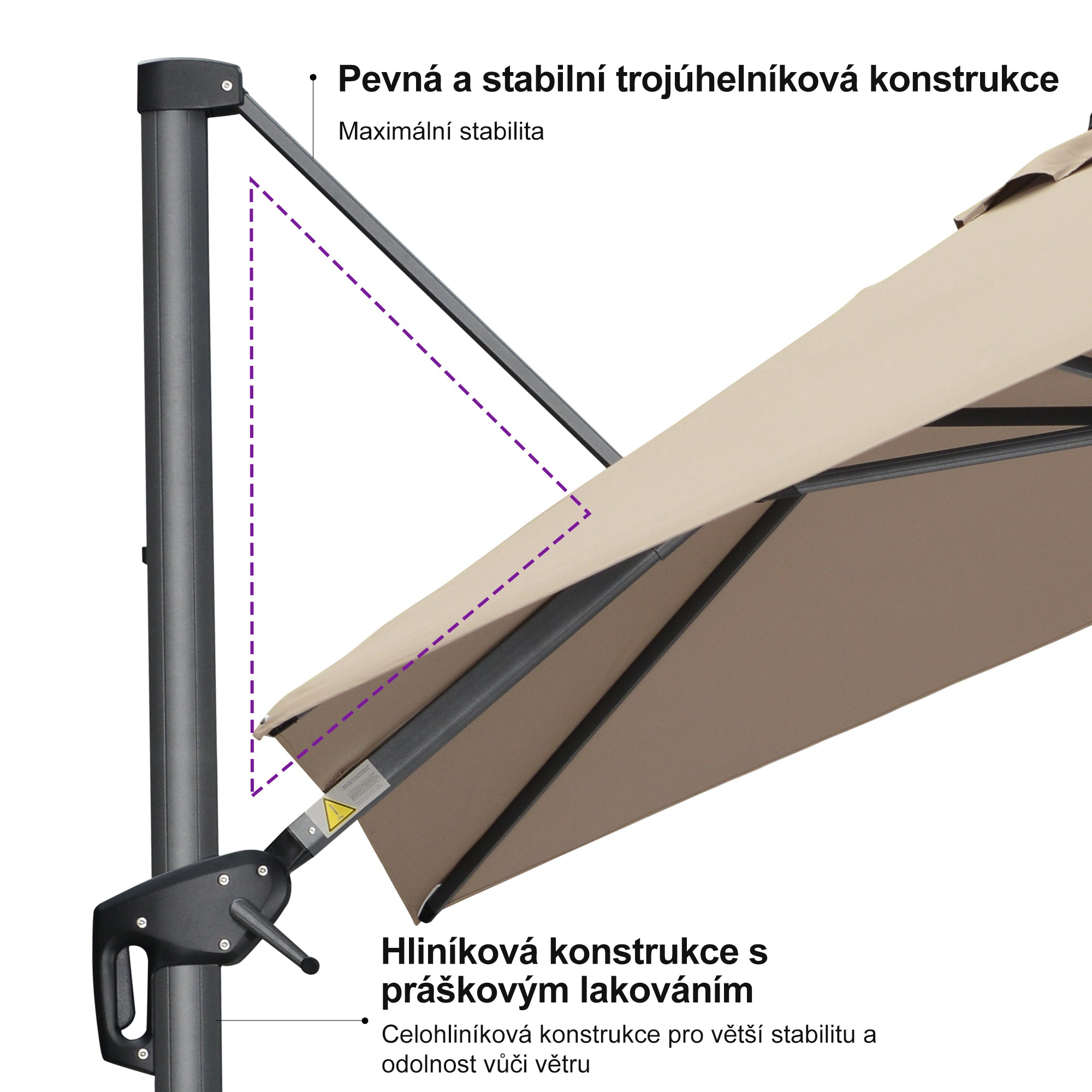 PURPLE LEAF Velký zahradní výkyvný slunečník, hliníkový otočný 360° s klikou a nožním pedálem, na terasu a balkon