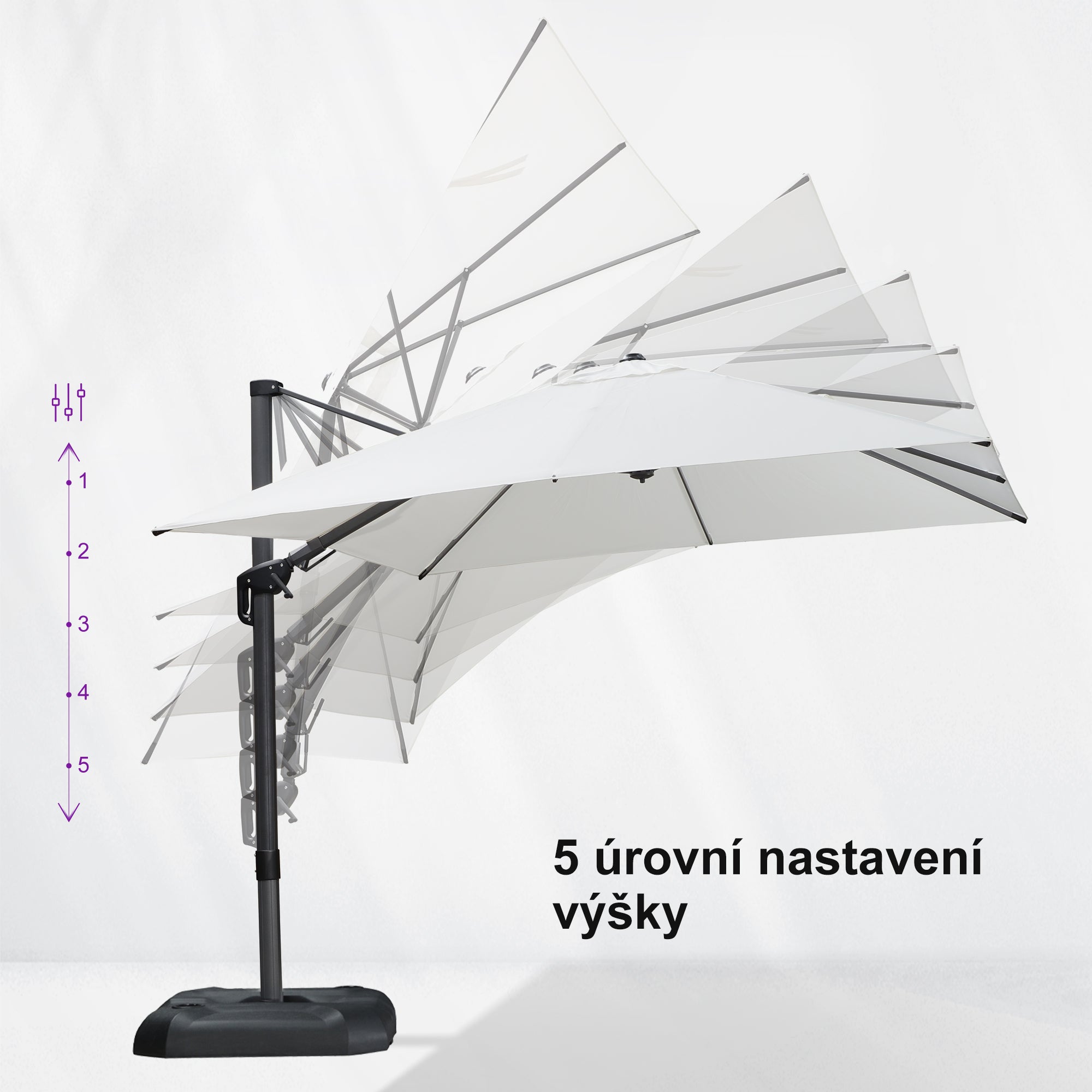 PURPLE LEAF Velký zahradní výkyvný slunečník, hliníkový otočný 360° s klikou a nožním pedálem, na terasu a balkon