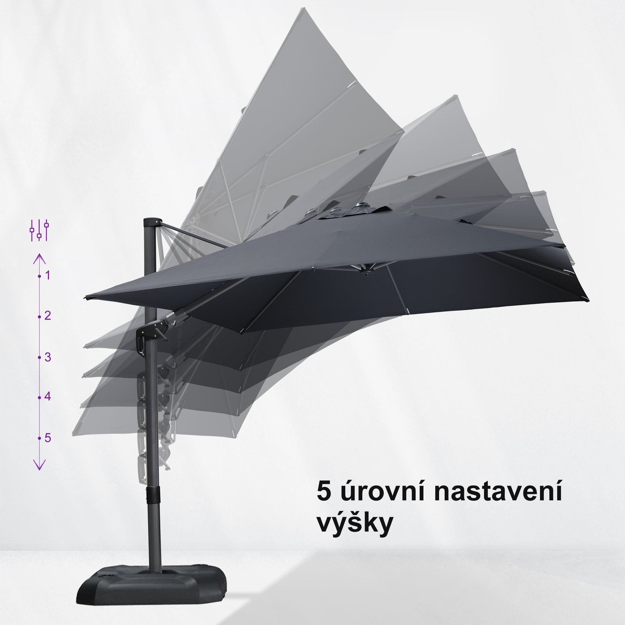 PURPLE LEAF Velký zahradní výkyvný slunečník, hliníkový otočný 360° s klikou a nožním pedálem, na terasu a balkon