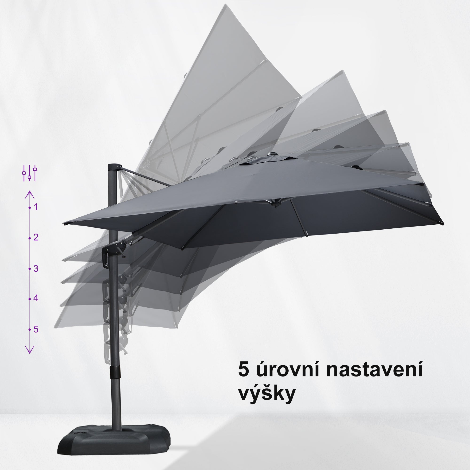 PURPLE LEAF Velký zahradní výkyvný slunečník, hliníkový otočný 360° s klikou a nožním pedálem, na terasu a balkon