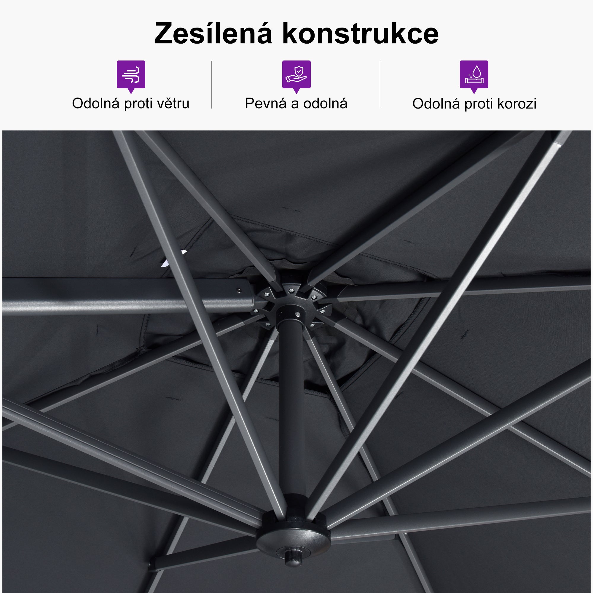 PURPLE LEAF Velký zahradní výkyvný slunečník, hliníkový otočný 360° s klikou a nožním pedálem, na terasu a balkon