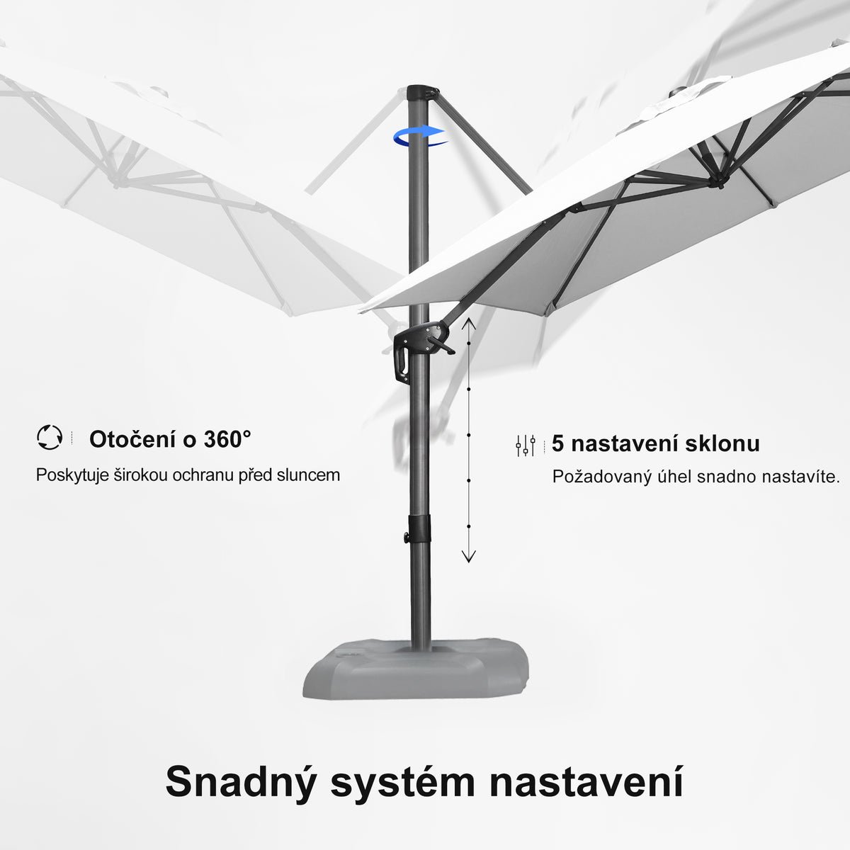 PURPLE LEAF Velký zahradní výkyvný slunečník, hliníkový otočný 360° s klikou a nožním pedálem, na terasu a balkon