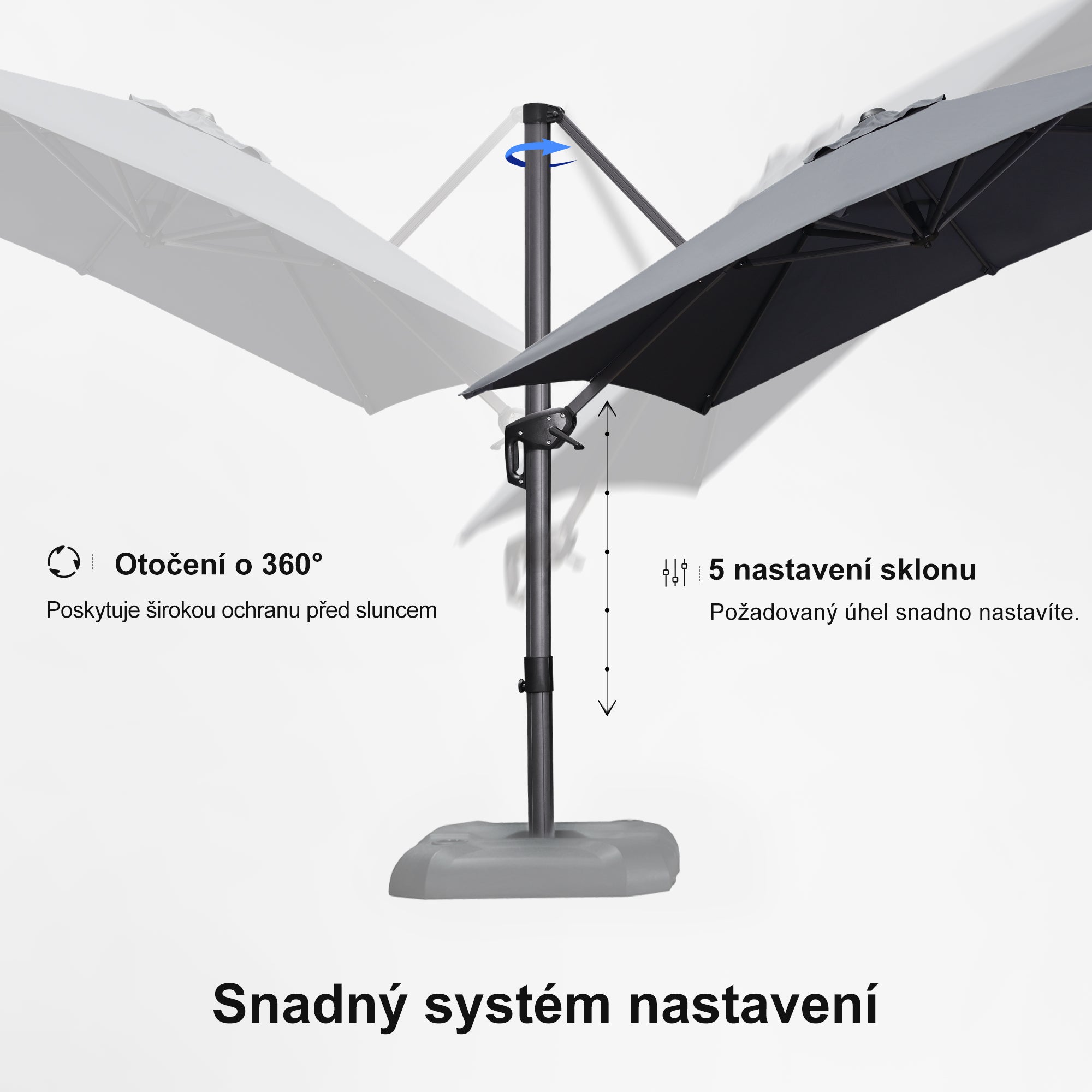 PURPLE LEAF Velký zahradní výkyvný slunečník, hliníkový otočný 360° s klikou a nožním pedálem, na terasu a balkon