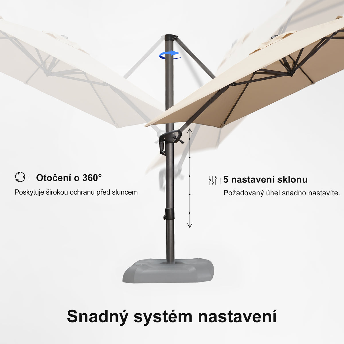 PURPLE LEAF Velký zahradní výkyvný slunečník, hliníkový otočný 360° s klikou a nožním pedálem, na terasu a balkon