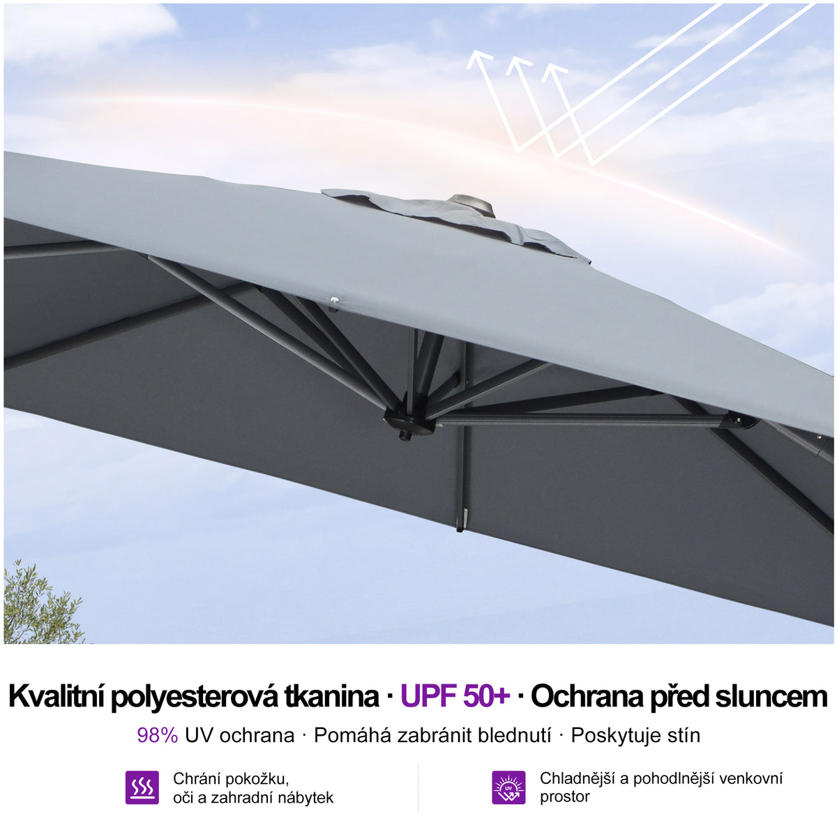 PURPLE LEAF Velký zahradní výkyvný slunečník, hliníkový otočný 360° s klikou a nožním pedálem, na terasu a balkon