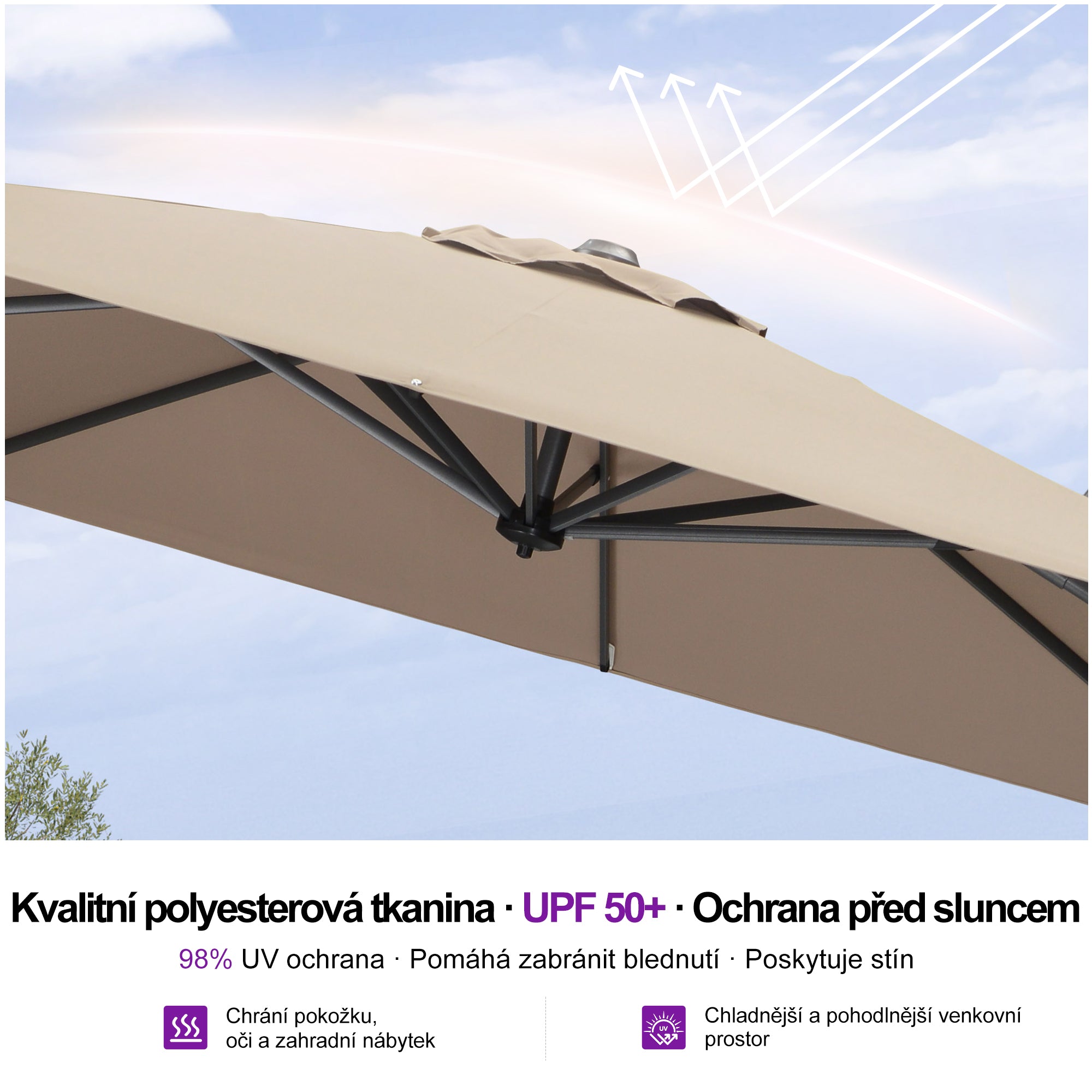 PURPLE LEAF Velký zahradní výkyvný slunečník, hliníkový otočný 360° s klikou a nožním pedálem, na terasu a balkon