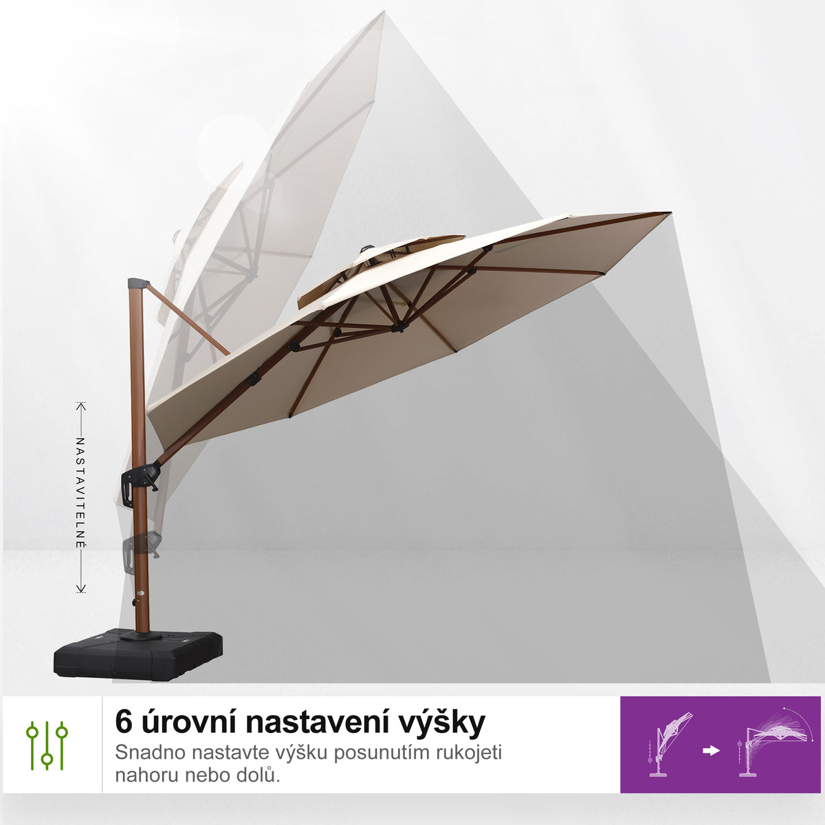 PURPLE LEAF Kulatý zahradní výkyvný slunečník s hliníkovou konstrukcí v dekoru dřeva, s klikou a nastavením sklonu, na balkon a terasu
